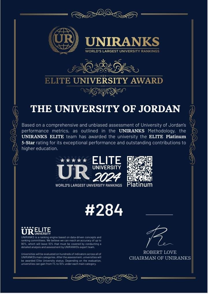 “الأردنية” تحقق المرتبة 284 عالميا وتنضم لجامعات النخبة وفقا لتصنيف UNIRANKS